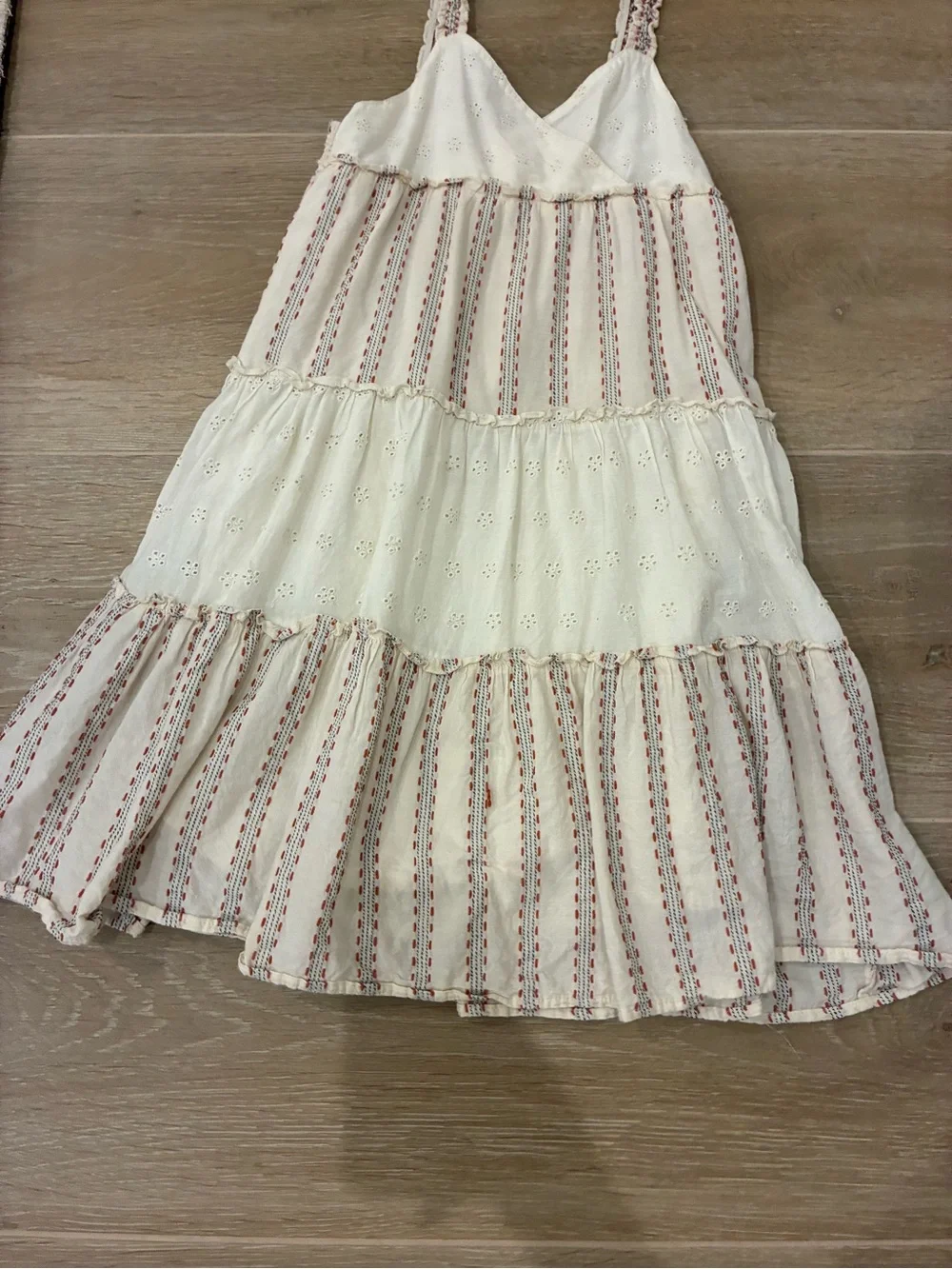 Zara Cream Tiered Eyelet Dress with Red Stripe Accents